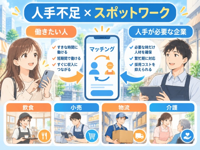 タイミーのスポットワークが人手不足企業と働き手をつなぐイメージ