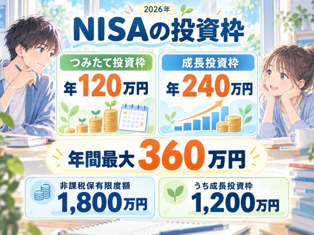 NISAのつみたて投資枠120万円、成長投資枠240万円、非課税保有限度額1800万円の図