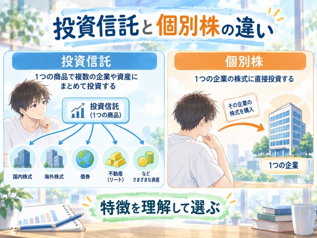 投資信託と個別株の投資方法の違いを比較した図
