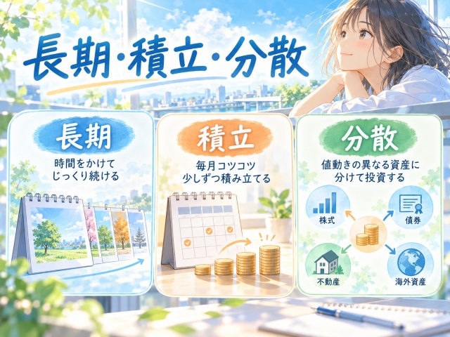 投資信託の長期・積立・分散という3つの考え方をまとめた図
