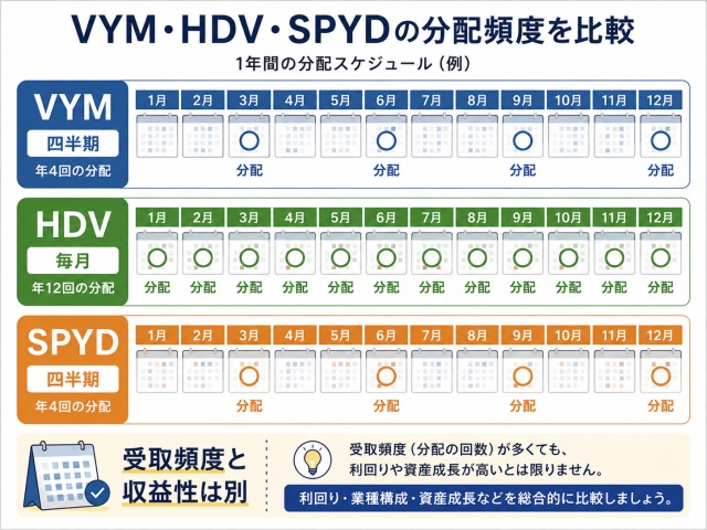 VYMとSPYDは四半期分配、HDVは毎月分配であることを示すカレンダー