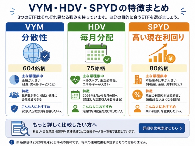 VYM・HDV・SPYDの主な特徴を3カードで比較した図
