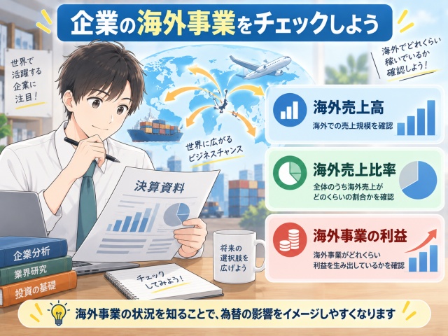 企業の海外売上高、海外売上比率、海外事業の利益を確認するイメージ