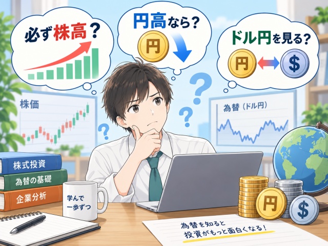 円安と株高、円高、ドル円について疑問を持つ投資初心者のイラスト