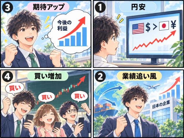円安から企業業績への追い風、利益期待の高まり、投資家の買い増加、株価上昇までの流れを示した4コマ漫画