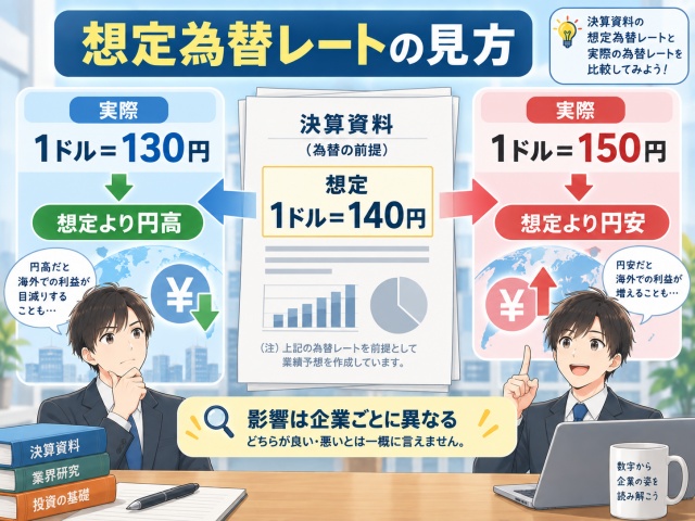 企業の想定為替レートと実際の為替レートを比較するイメージ