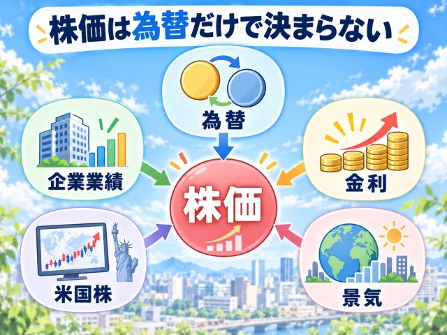 株価が為替だけでなく企業業績や金利、米国株、景気など複数の要因で動くことを示す図