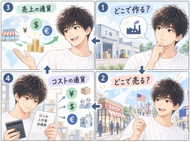 商品の生産地・販売先・売上通貨・コスト通貨を順番に確認する流れを示した4コマ漫画