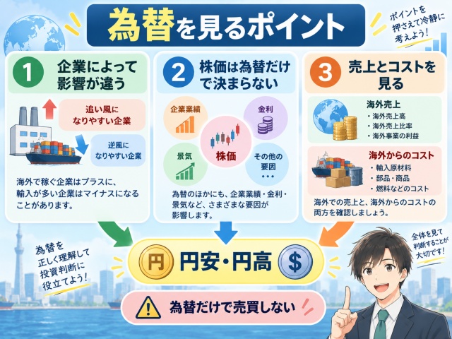 円安・円高と日本株の関係で押さえておきたい3つのポイントをまとめた図