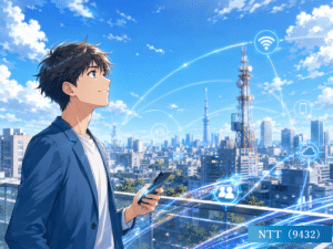 通信インフラを支えるNTTをイメージしたイラスト。都市とネットワークがつながる未来感を表現しています。