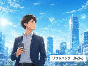 デジタル社会を支えるソフトバンクをイメージしたイラスト。通信と成長性を感じられる構図にしています。