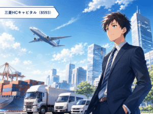 航空・物流・都市機能など幅広い事業を展開する三菱HCキャピタルを表現したイラストです。