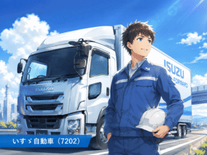 商用車と物流の現場を通じて、いすゞ自動車の強みをイメージしたイラストです。
