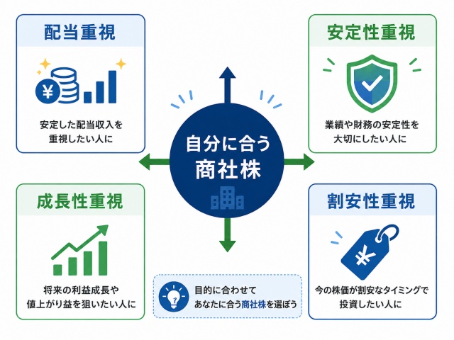 配当・安定性・成長性・割安性の4つから自分に合う商社株を選ぶ図
