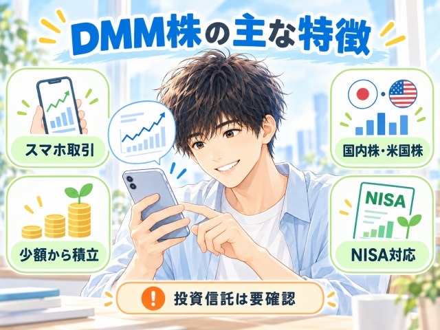 DMM株のスマホ取引・国内株と米国株・NISA・少額積立など主な特徴をまとめた図