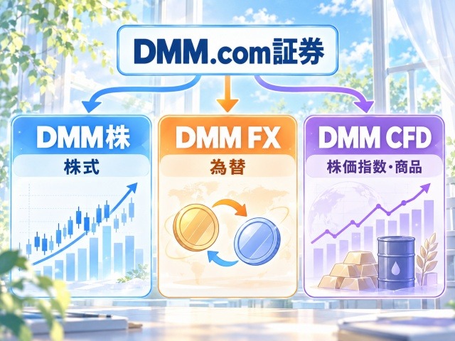 DMM株・DMM FX・DMM CFDの主な取引対象の違いを示した図