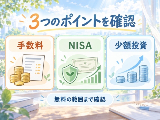 DMM株の手数料・NISA・少額投資の3つの確認ポイントをまとめた図