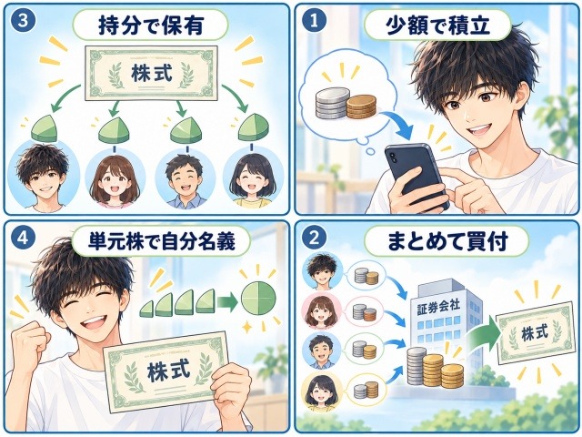 つみたてかぶで少額積立から共同買付・持分保有を経て単元株になる流れを示した4コマ漫画