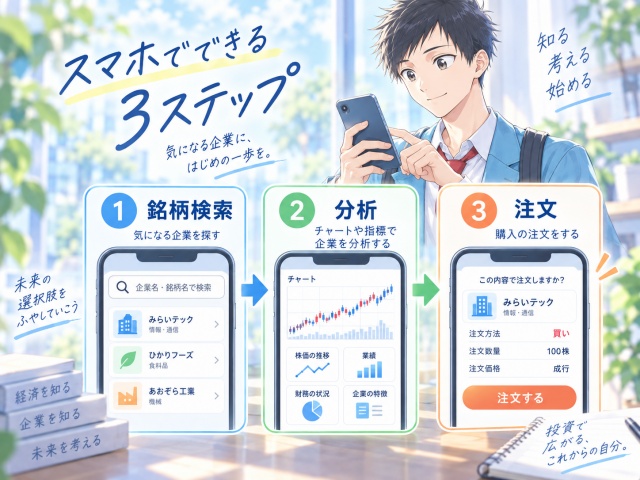 スマートフォンで米国株の銘柄検索から分析、注文まで行う3ステップ