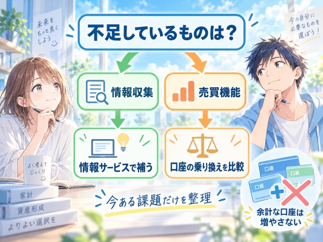 情報不足と売買機能不足を分けて口座を増やす必要があるか判断するフロー