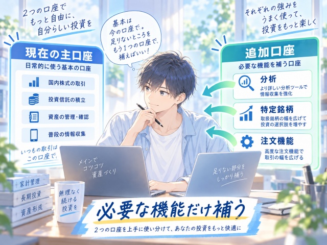 現在の主口座を維持しながら必要な機能だけ別口座で補う併用のイメージ